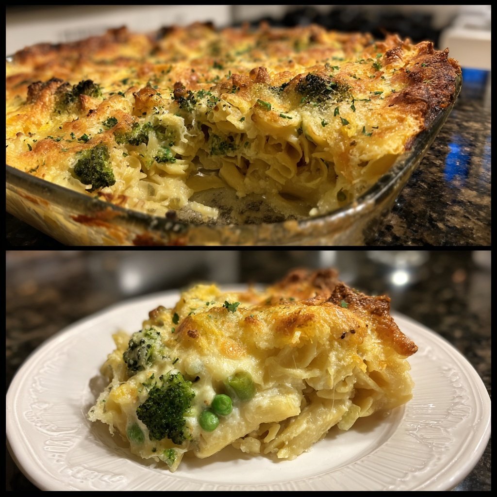 Vegetarischer Nudelauflauf mit Brokkoli und Erbsen