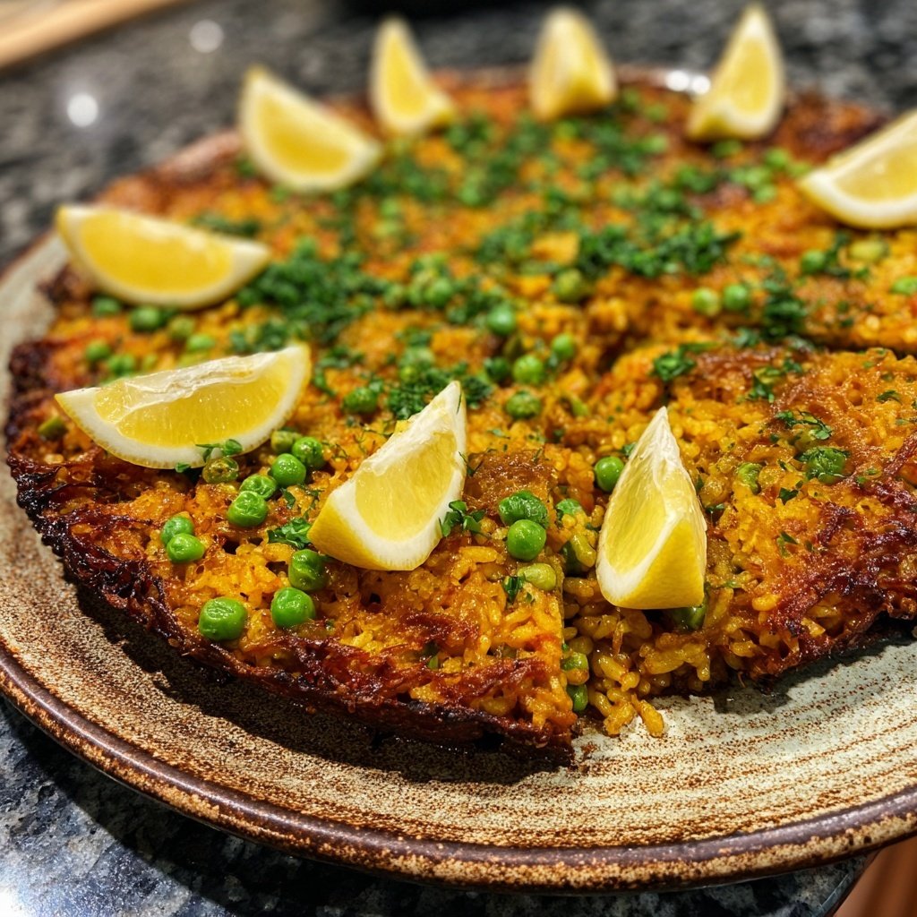 Paella mit Erbsen und Zitrone